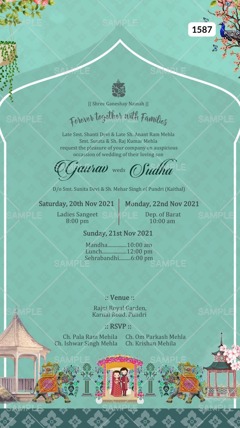 Wedding ceremony invitation card Canva Editable Template of hindu punjabi haryanvi family in english language with  arch theme design 1587