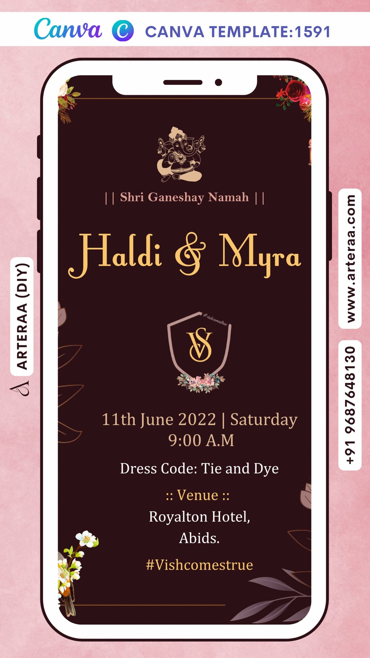Haldi ceremony invitation card Canva Editable Template in english language with couple logo, birds as minimalistic theme design 1591