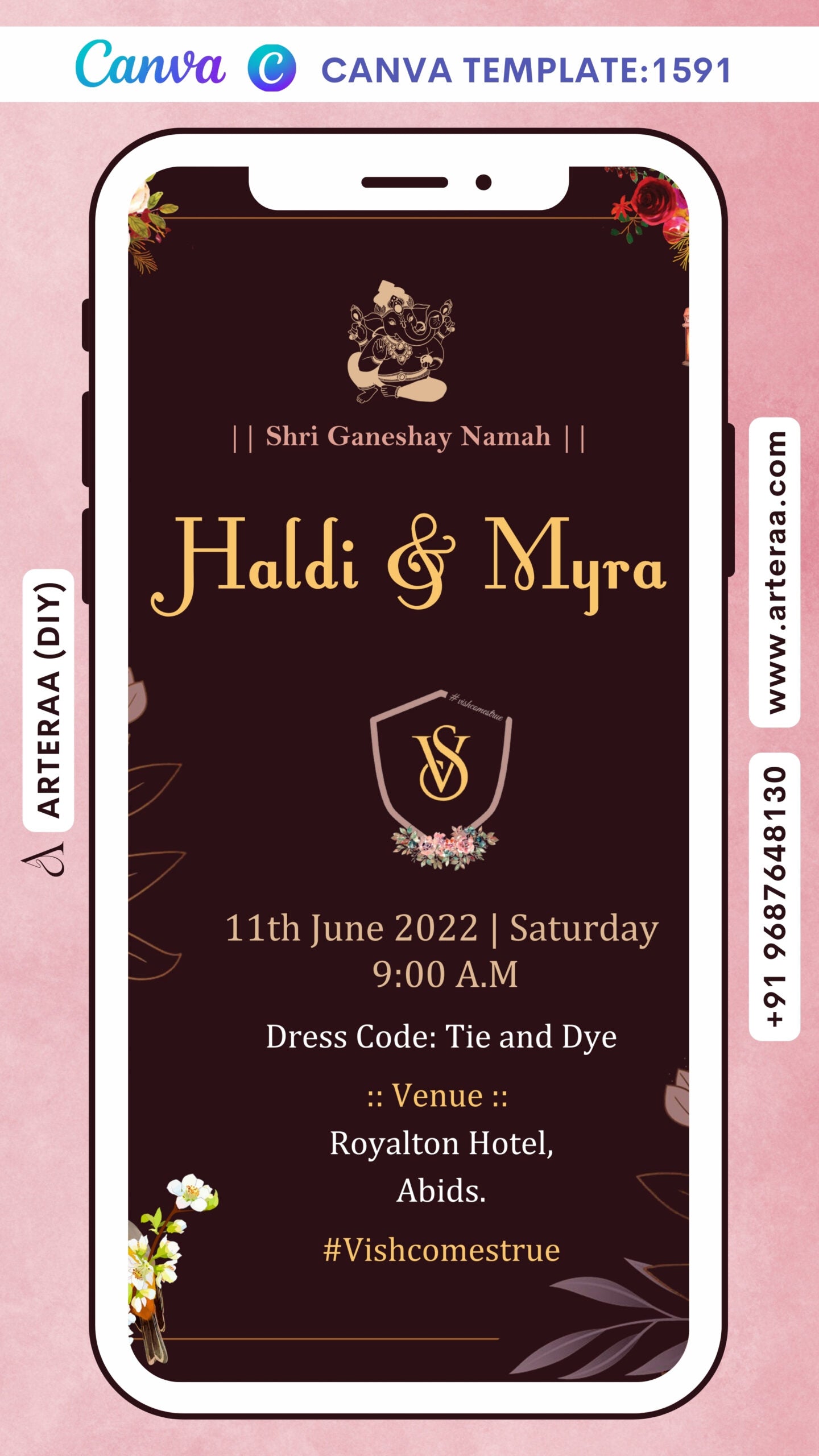 Haldi ceremony invitation card Canva Editable Template in english language with couple logo, birds as minimalistic theme design 1591