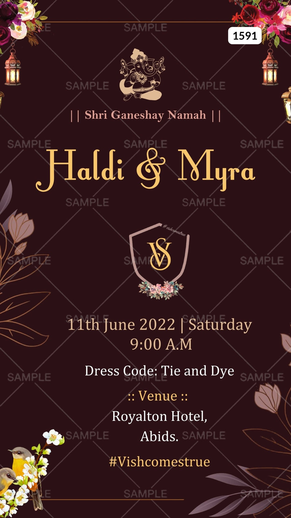 Haldi ceremony invitation card in english language with couple logo, birds as minimalistic theme Canva Editable Template design 1591
