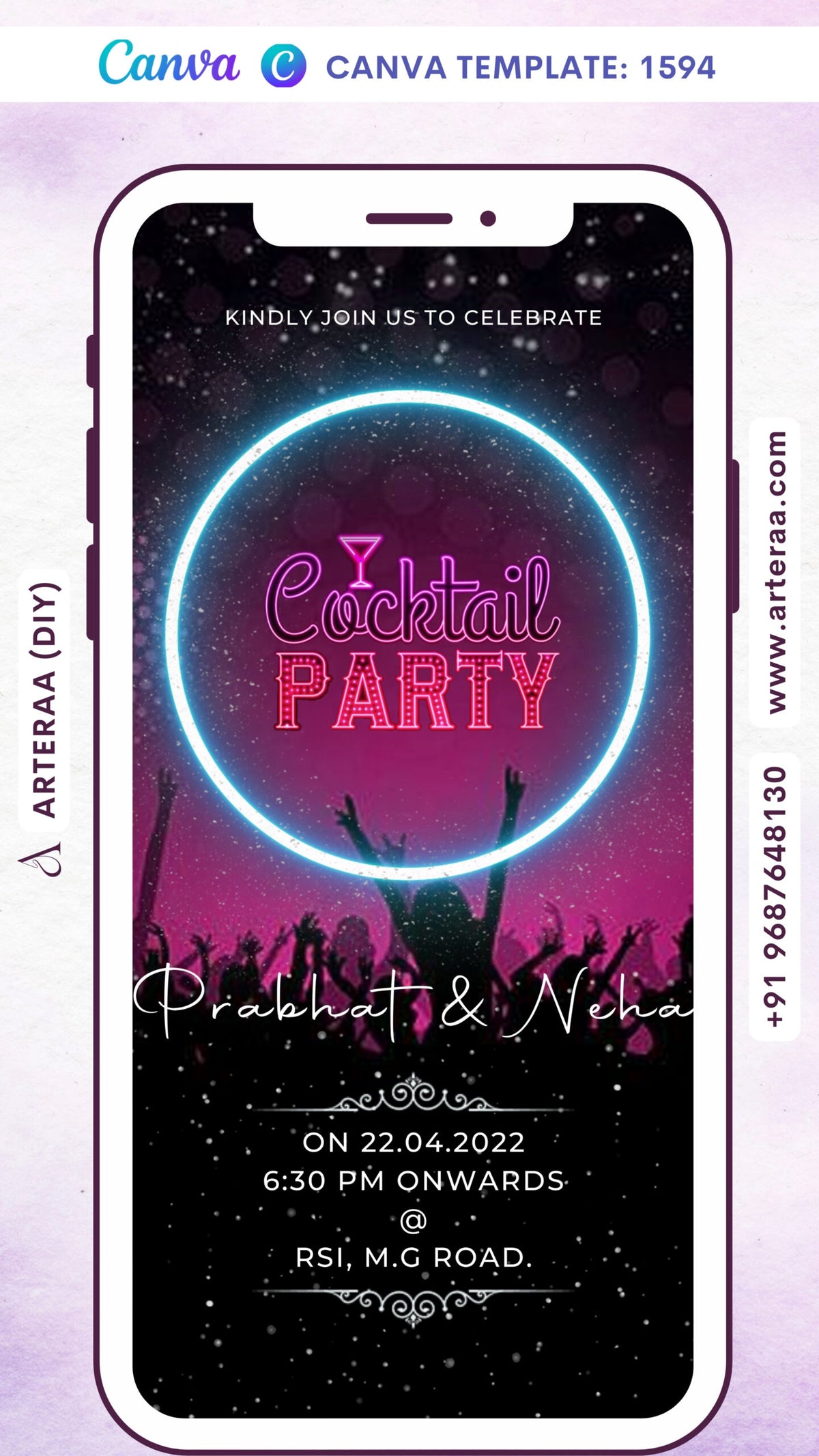 Cocktail Party invitation card Canva Editable Template in english language with glitter theme design 1594
