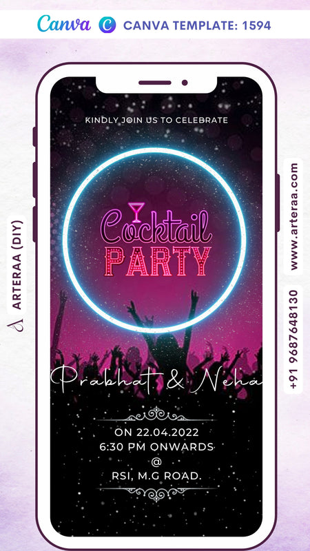 Cocktail Party invitation card Canva Editable Template in english language with glitter theme design 1594