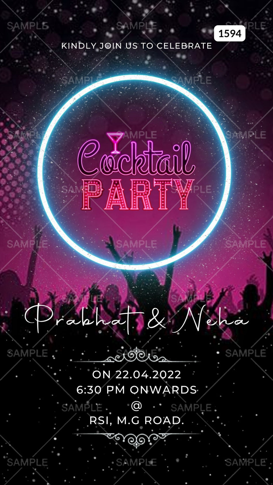 Cocktail Party invitation card Canva Editable Template in english language with  glitter theme design 1594