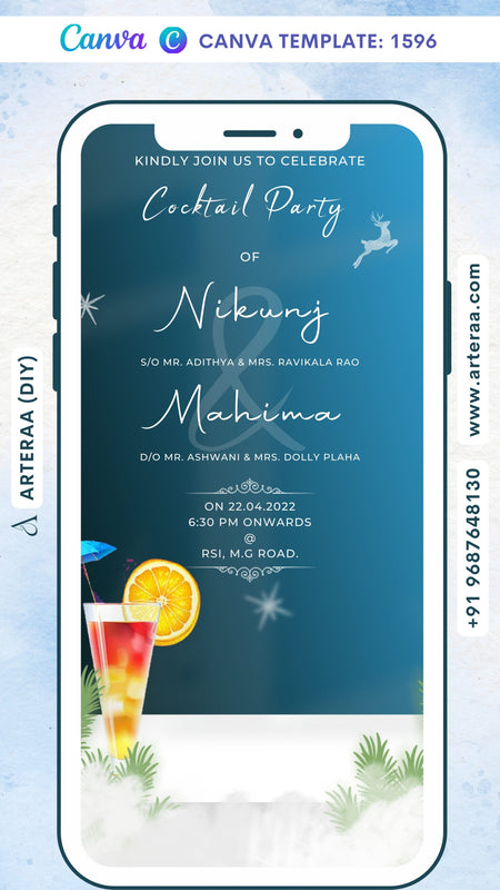 Cocktail Party invitation card Canva Editable Template in english language with elegant theme design 1596