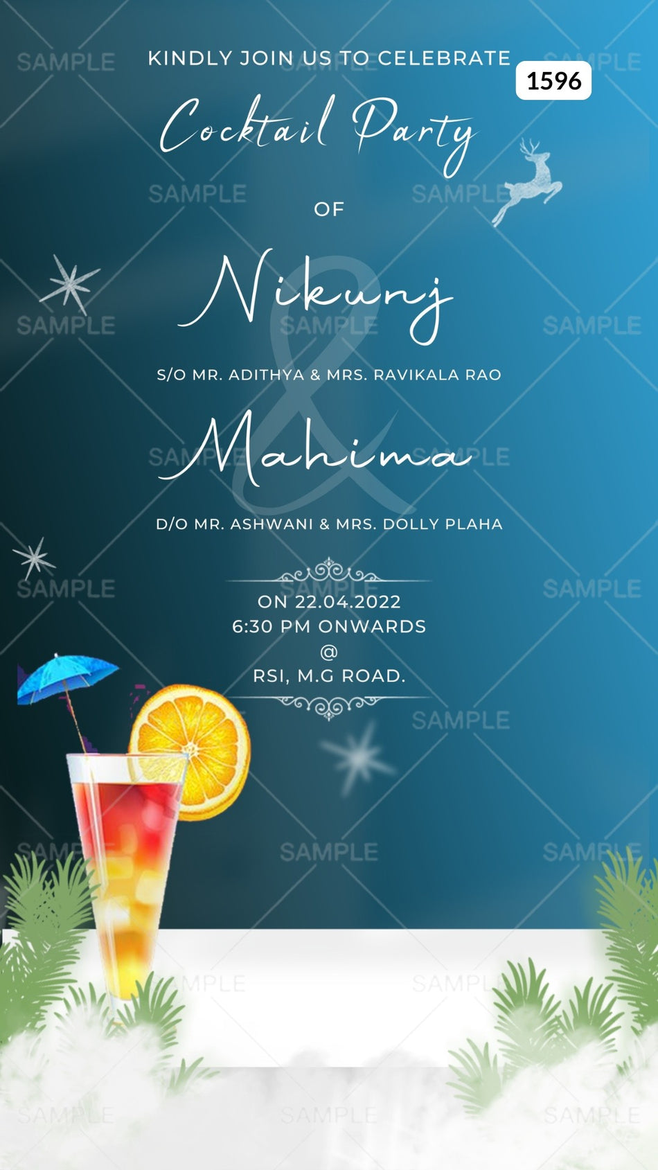 Cocktail Party invitation card Canva Editable Template in english language with elegant theme design 1596