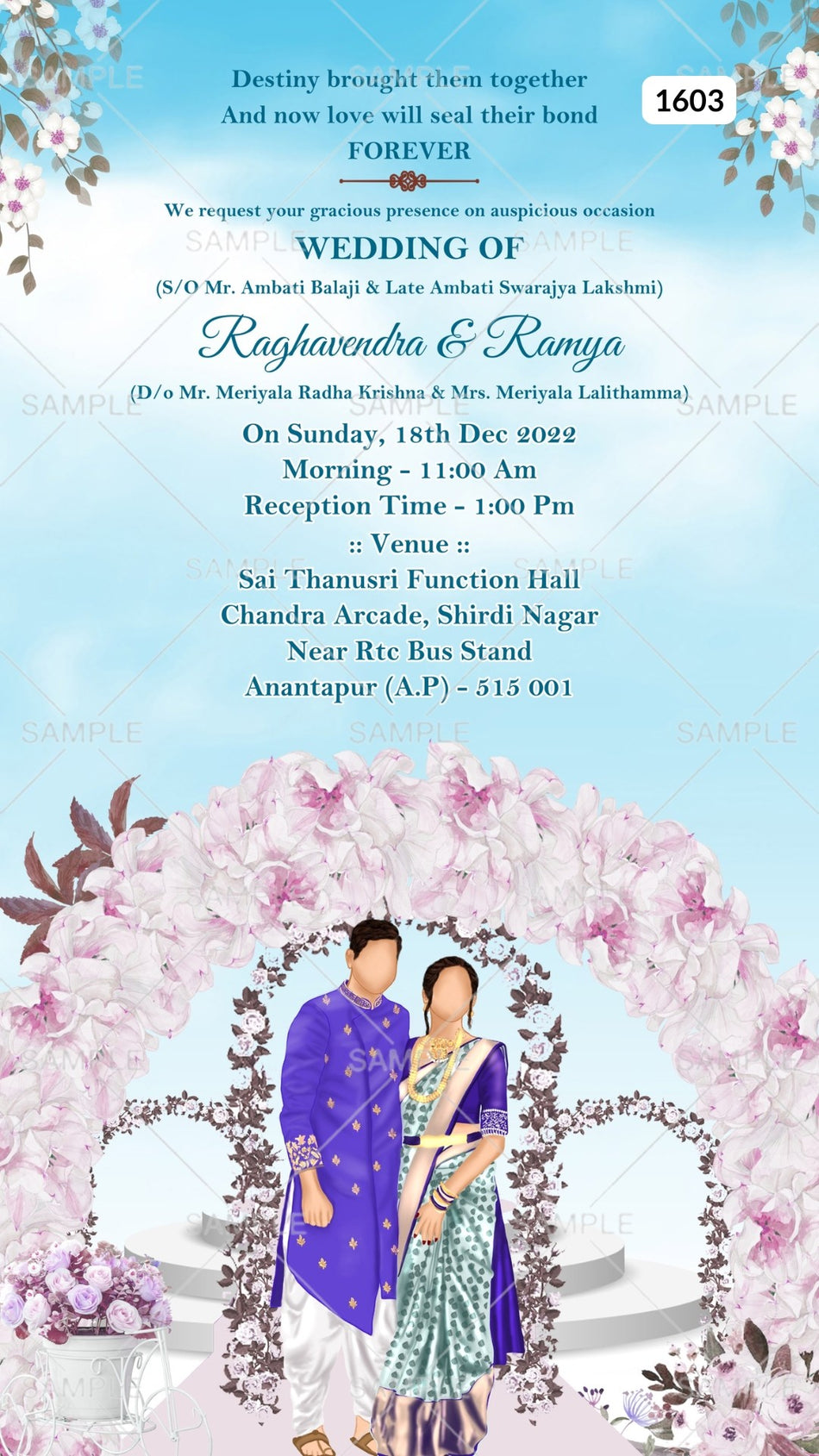 Traditional couple doodle invitation card Canva Editable Template for the wedding ceremony of Hindu south indian telugu family in english language with floral theme design 1603