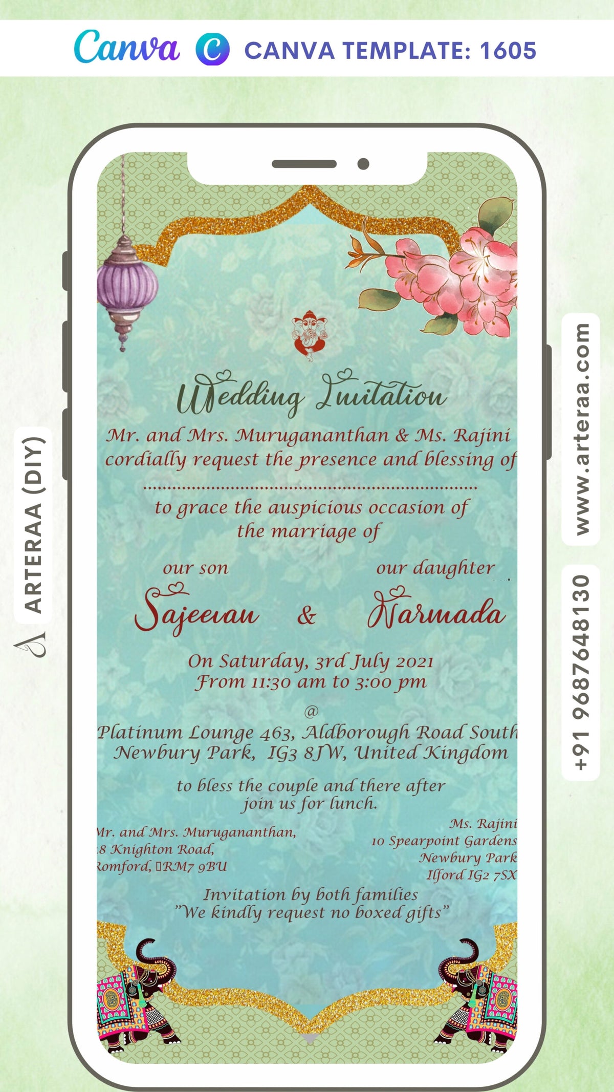 Wedding ceremony invitation card Canva Editable Template of hindu north indian family in english language with traditional arch theme design 1605