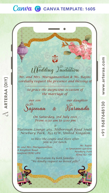 Wedding ceremony invitation card Canva Editable Template of hindu north indian family in english language with traditional arch theme design 1605