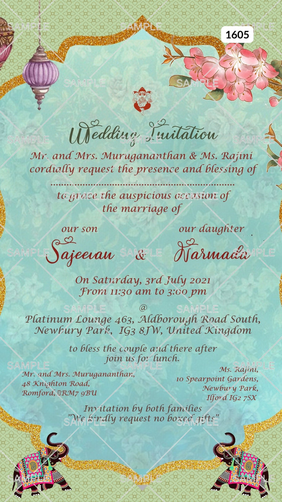Wedding ceremony invitation card Canva Editable Template of hindu north indian family in english language with  traditional arch theme design 1605