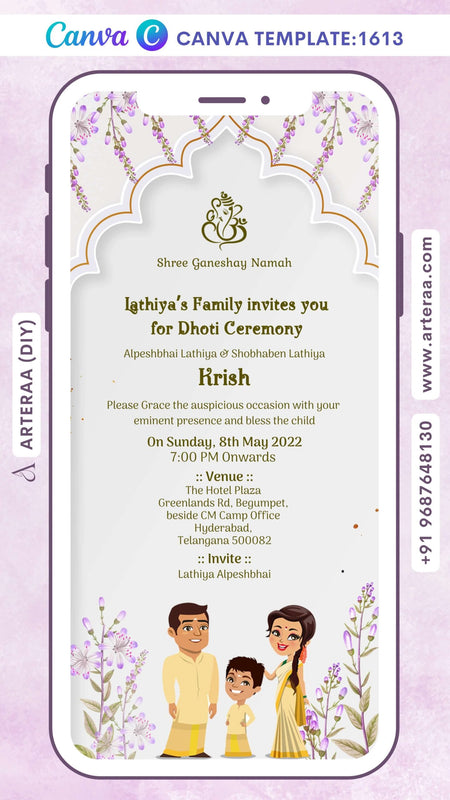 Dhoti ceremony invitation Canva Editable video Template in english language with floral as arch theme design 1613