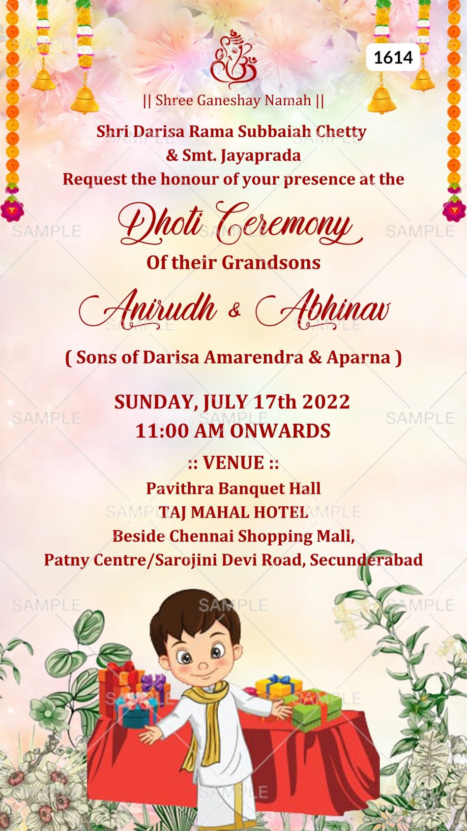 Dhoti ceremony invitation card Canva Editable Template in english language with gift as leaves theme design 1614