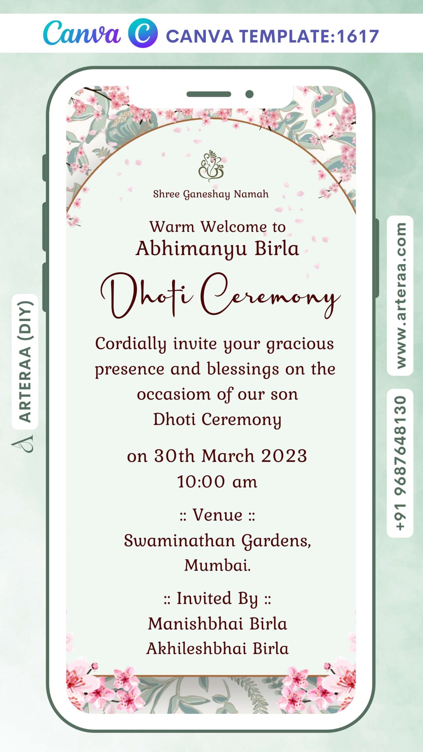 Dhoti ceremony invitation Canva Editable video Template in english language with artistic leaves theme design 1617