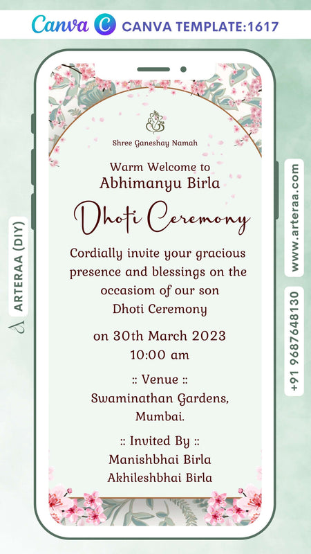 Dhoti ceremony invitation Canva Editable video Template in english language with artistic leaves theme design 1617