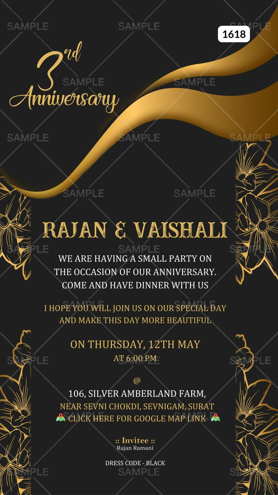 3rd Wedding Anniversary invitation card Canva Editable Template in English language with golden lines, flowers as minimalistic theme design 1618