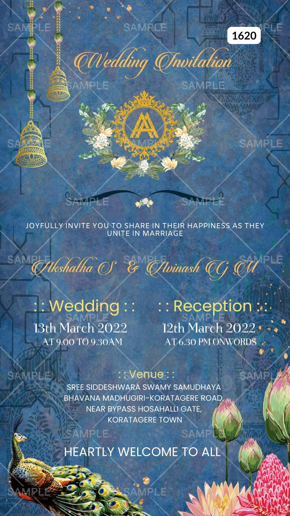 Wedding ceremony invitation card Canva Editable Template of hindu south indian kannada family in english language with  traditional theme design 1620