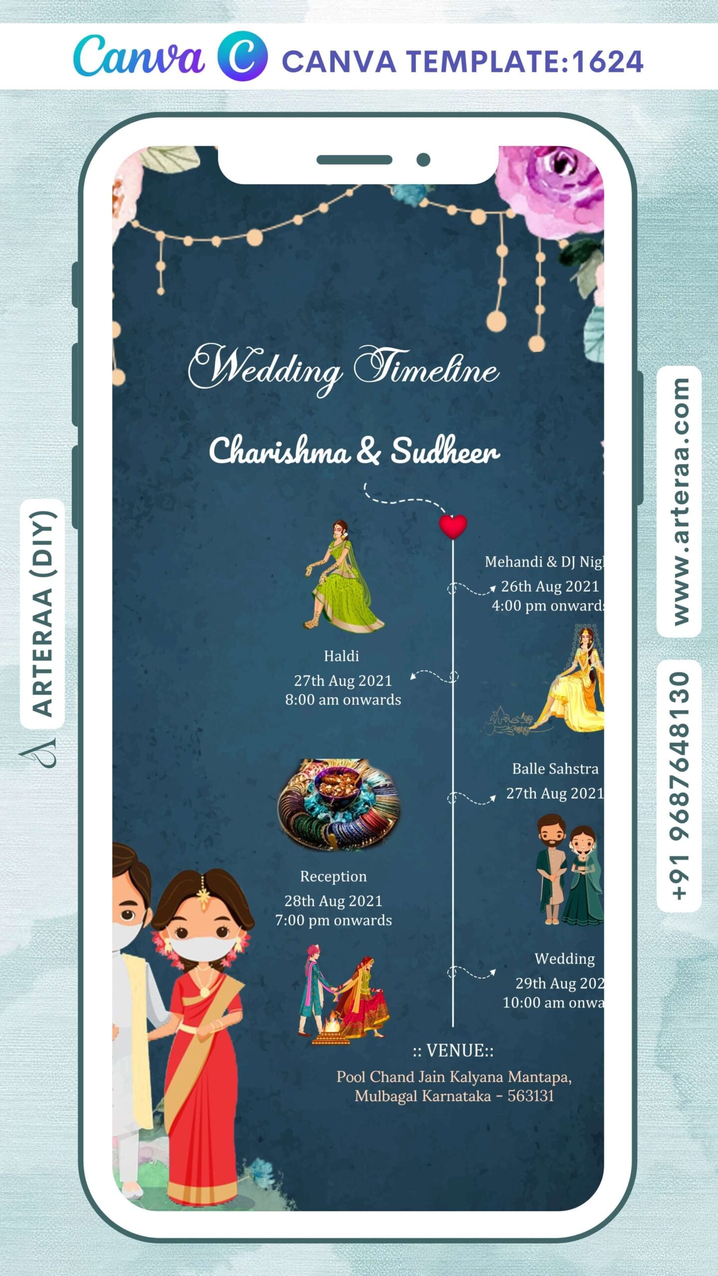 Wedding Timeline ceremony invitation Canva Editable video Template in english language with floral theme design 1624