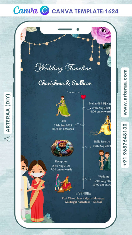 Wedding Timeline ceremony invitation Canva Editable video Template in english language with floral theme design 1624