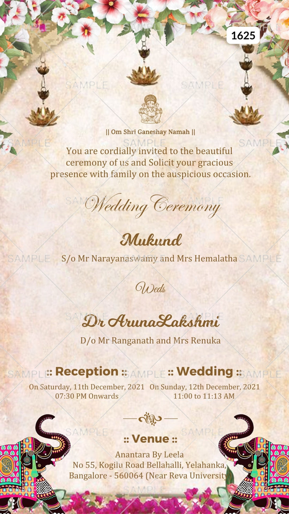 Wedding ceremony invitation card Canva Editable Template of hindu south indian kannada family in english language with  traditional theme design 1625
