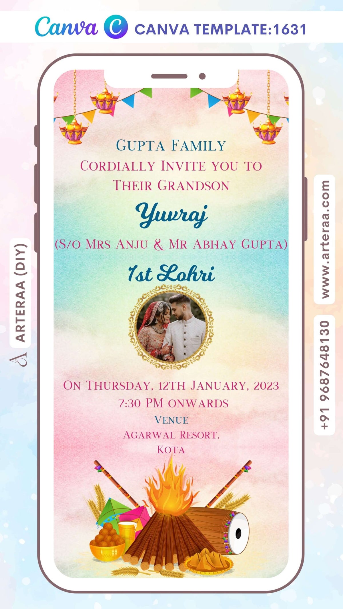 Lohri invitation Canva Editable video Template in english language with toran, bonfire, dholki, kite, glass as minimalistic theme design 1631