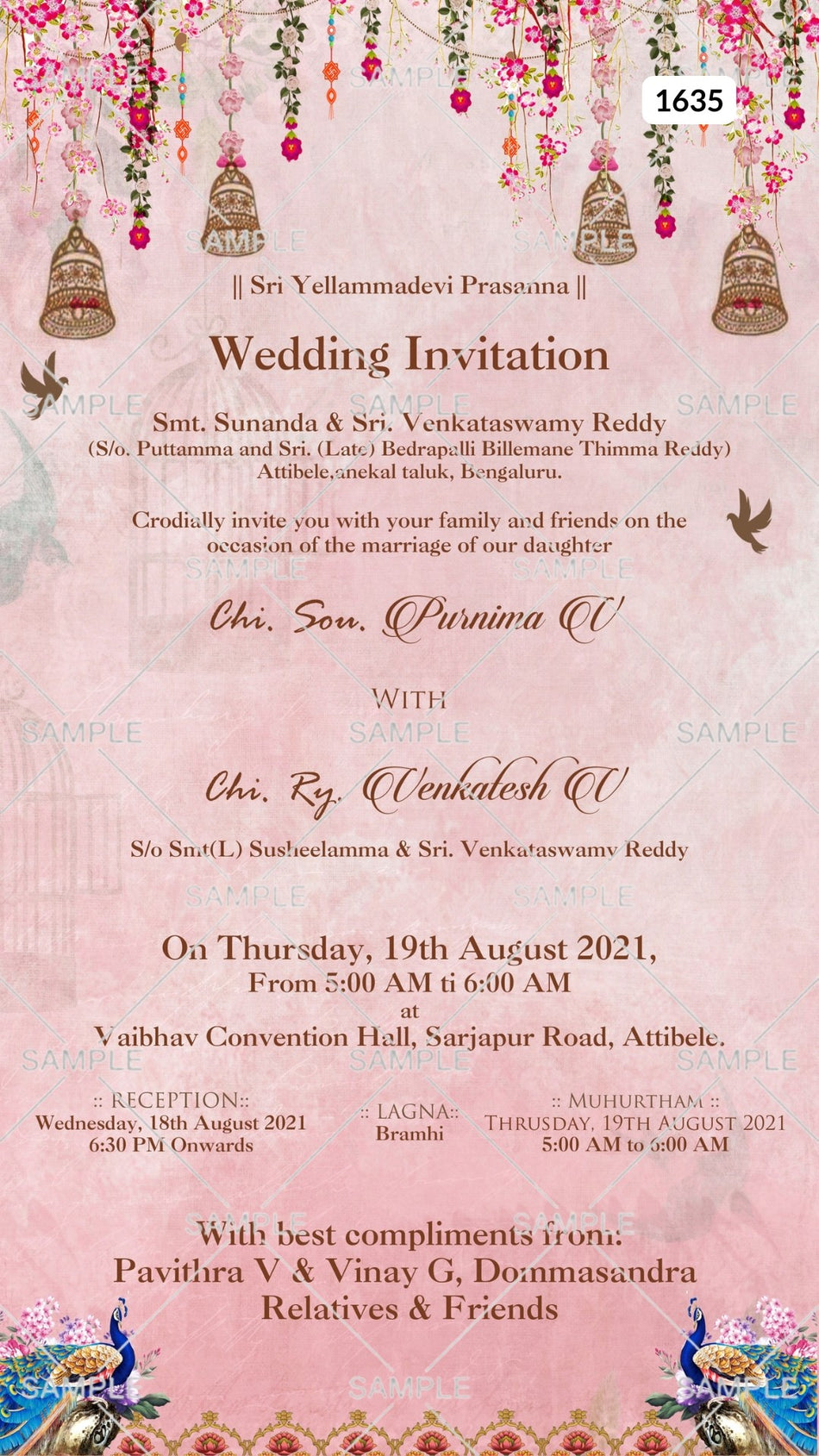 Wedding ceremony invitation card Canva Editable Template of hindu south indian kannada family in english language with traditional theme design 1635