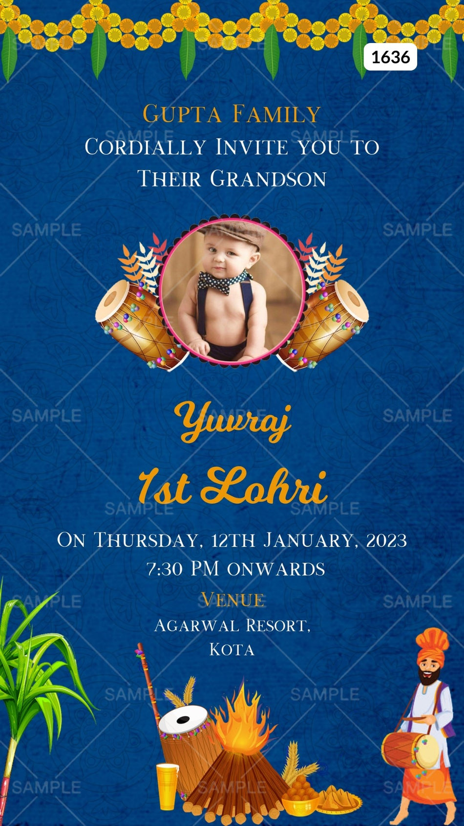 Lohri invitation card Canva Editable Template in english language with dholki, bonfire, leaves, doodle, frame, baby image as minimalistic theme design 1636