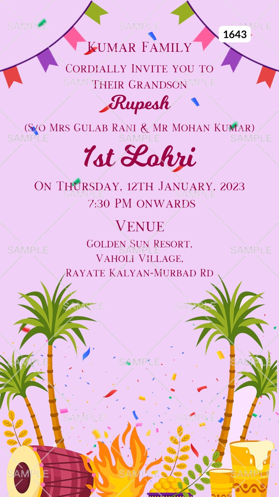 Lohri invitation card Canva Editable Template in english language with bonfire, dholki, tree, glass, toran as minimalistic theme design 1643