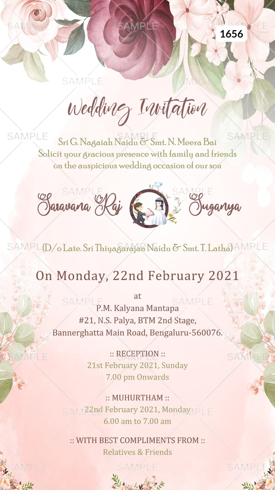 Wedding ceremony invitation card Canva Editable Template of hindu south indian kannada family in english language with  artistic flowers theme design 1656