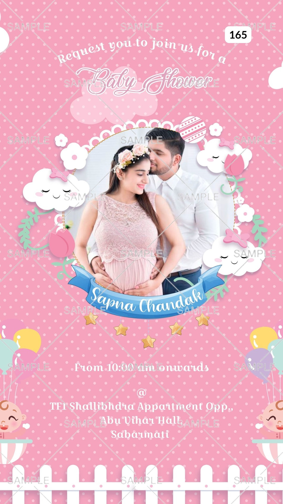 Baby Shower ceremony invitation card Canva Editable Template in english language with cloud, balloon, baby doodle as couple photo theme design 165