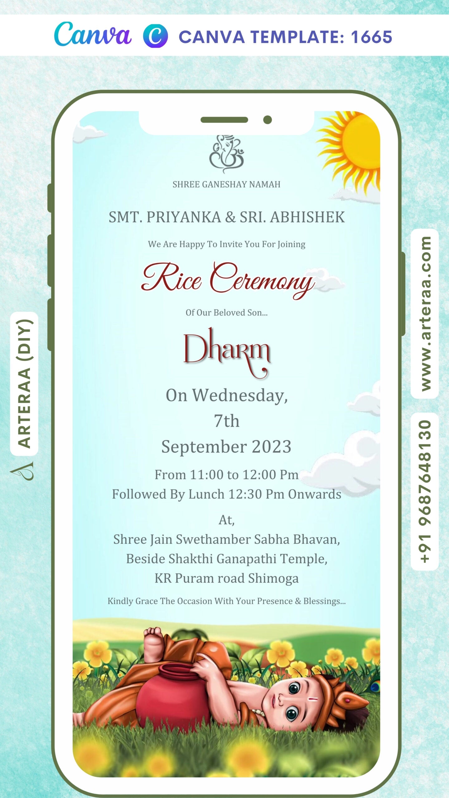 Annaprashan ceremony invitation card Canva Editable Template in english language with krishna doodle, cloud as garden theme design 1665