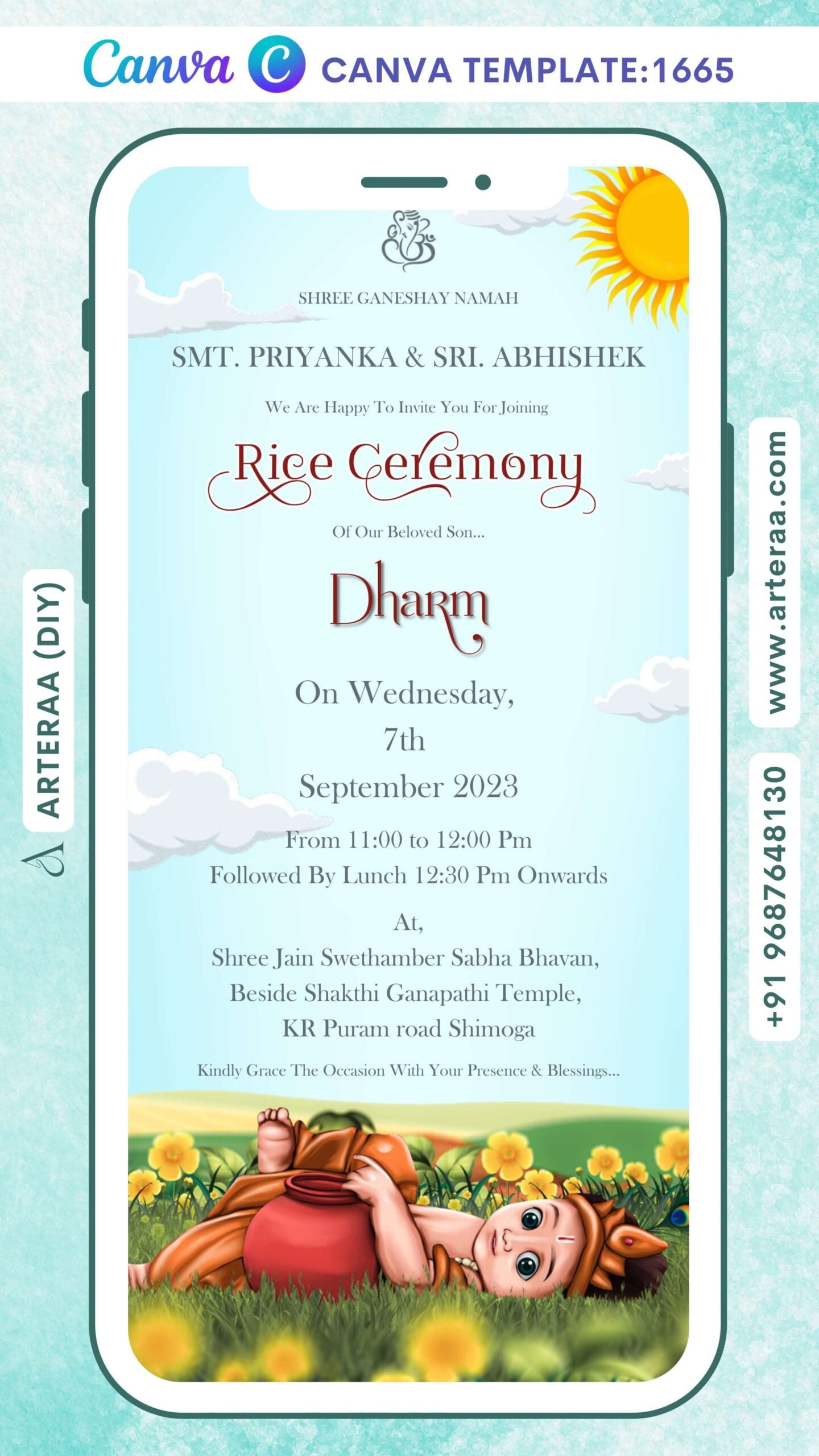 Annaprashan ceremony invitation Canva Editable video Template in english language with krishna doodle, cloud as garden theme design 1665