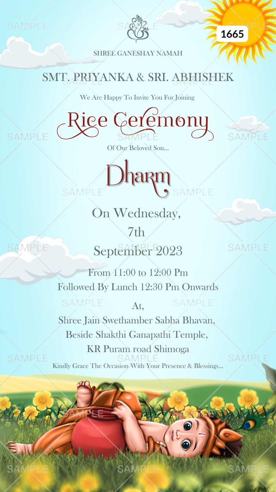 Annaprashan ceremony invitation card Canva Editable Template in english language with krishna doodle, cloud as garden theme design 1665