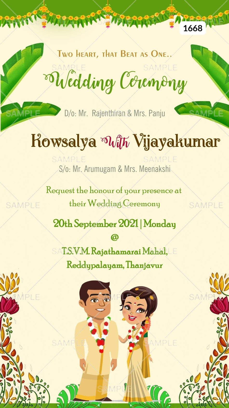 Wedding ceremony invitation card Canva Editable Template of hindu south indian tamil family in english language with floral theme design 1668