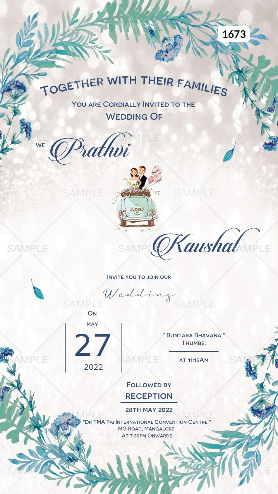 Wedding ceremony invitation card Canva Editable Template of hindu south indian kannada family in english language with  artistic leaves theme design 1673