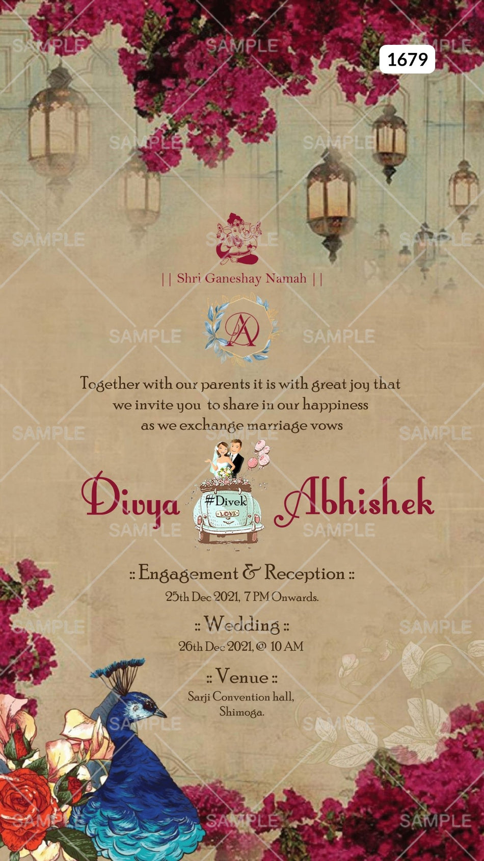 Engagement ceremony invitation card Canva Editable Template in english language with flowers, peacock, lantern, car as vintage theme design 1679