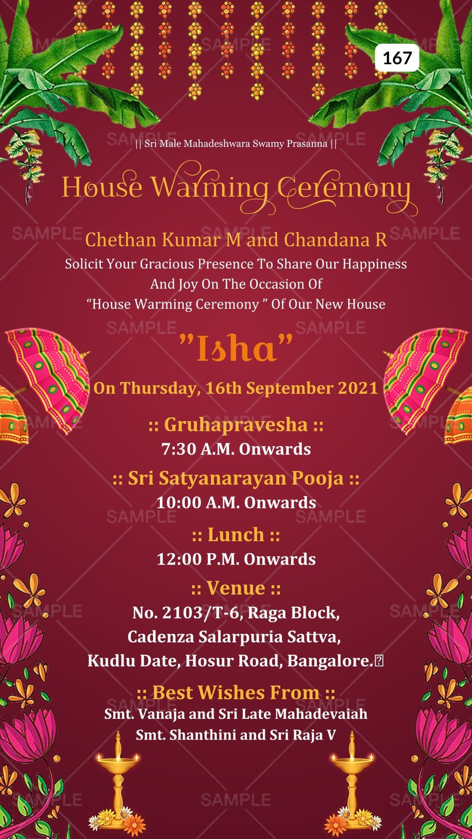 House Warming ceremony invitation card Canva Editable Template in english language with umbrella, diya, lotus as traditional theme design 167