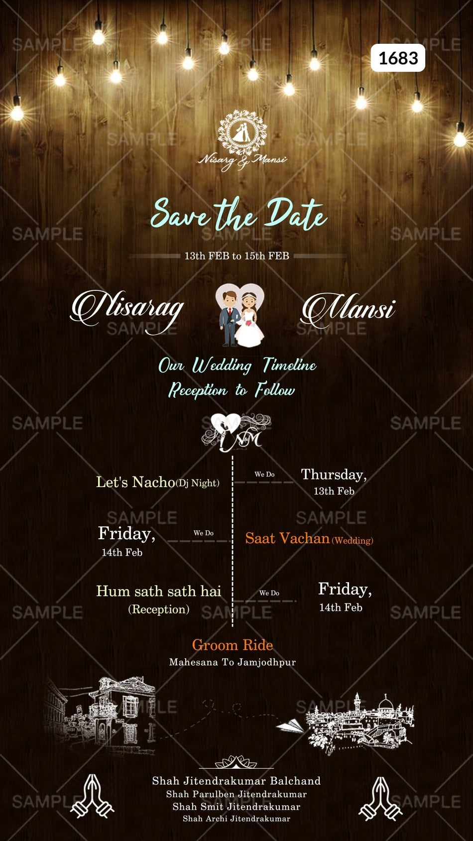 Wedding ceremony invitation card Canva Editable Template of hindu gujarati jain family in english language with  timeline theme design 1683
