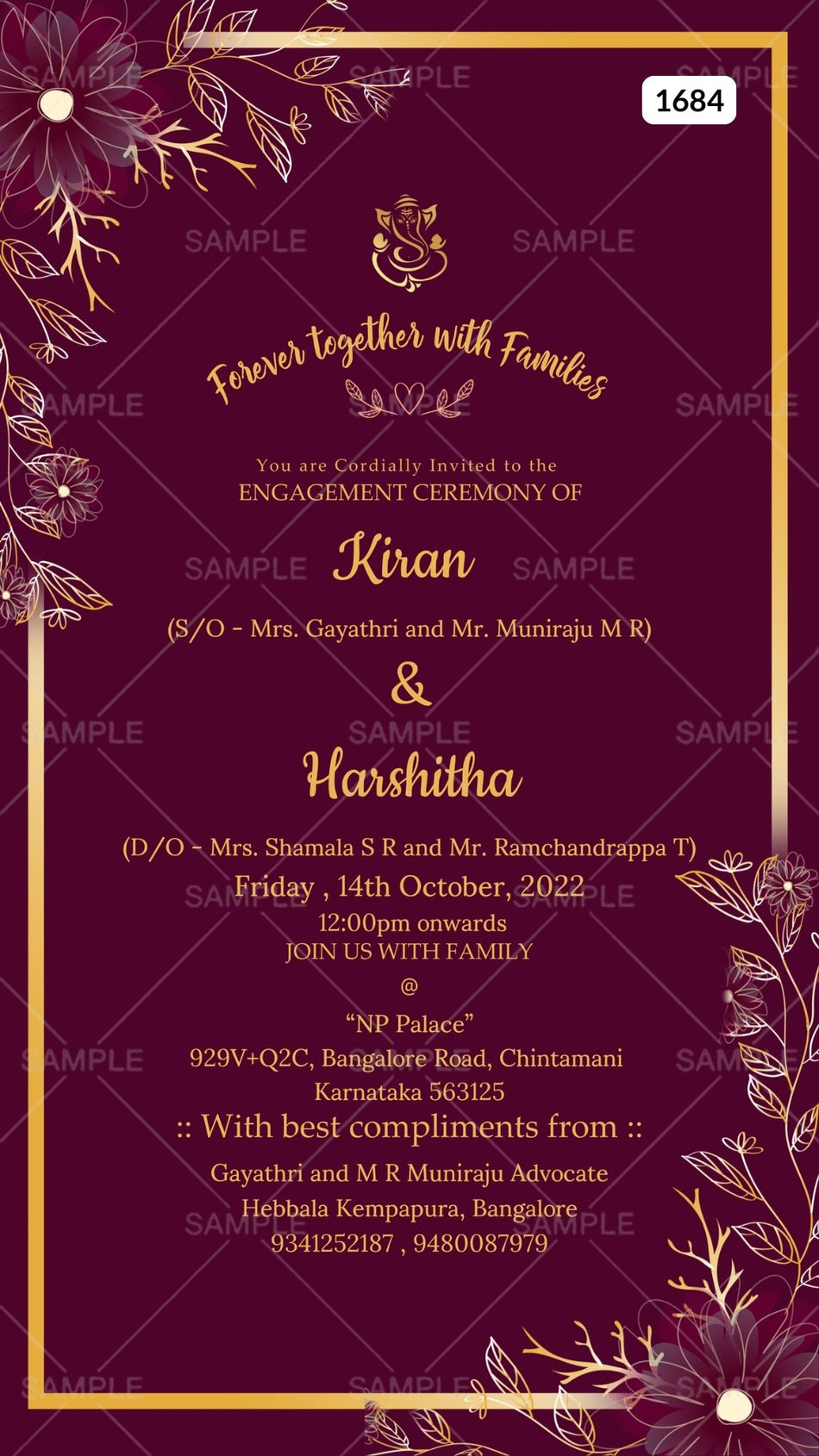 Engagement ceremony invitation card Canva Editable Template in english language with golden frame, leaves as floral theme design 1684