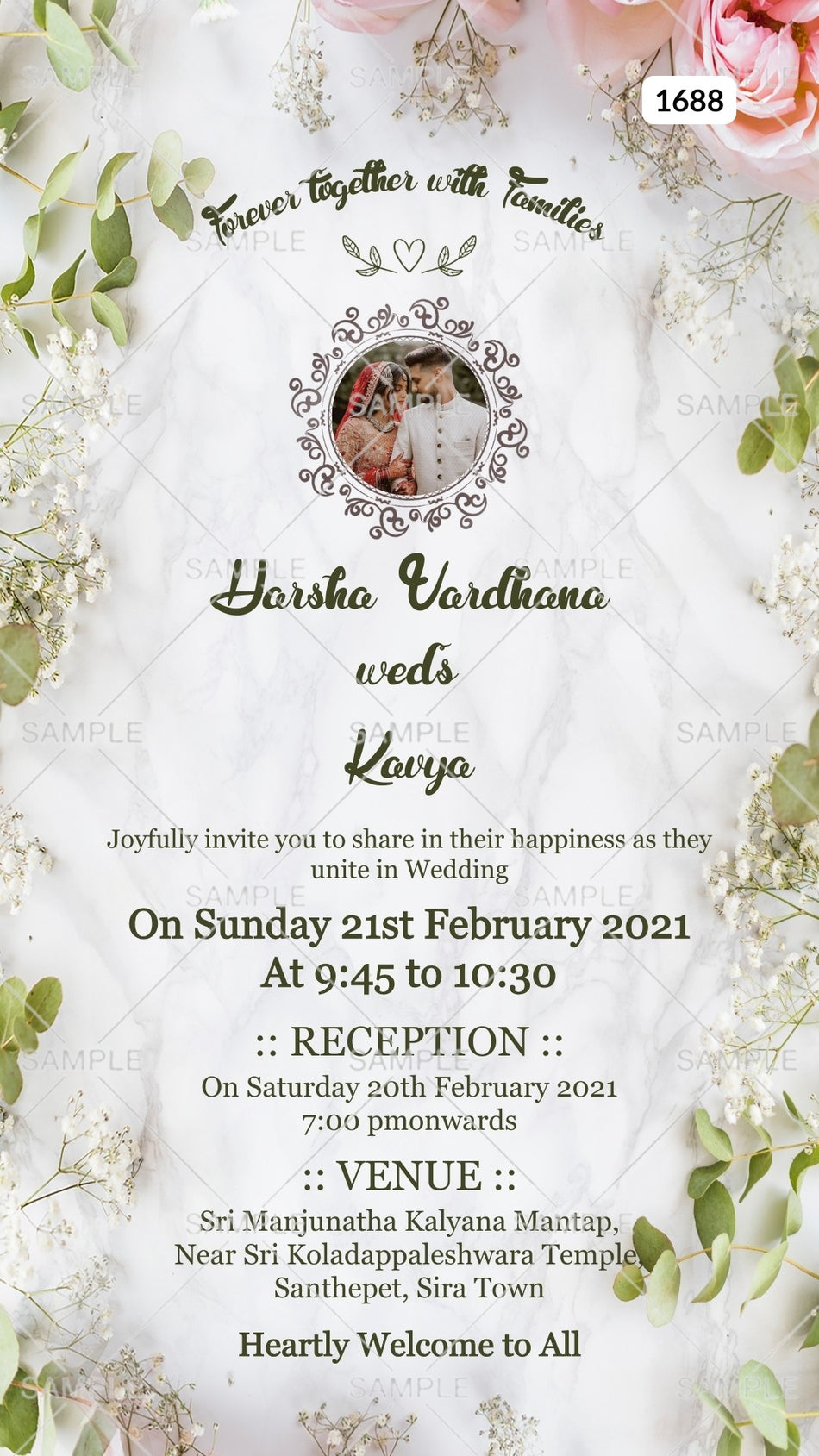 Wedding ceremony invitation card Canva Editable Template of hindu south indian kannada family in english language with floral theme design 1688