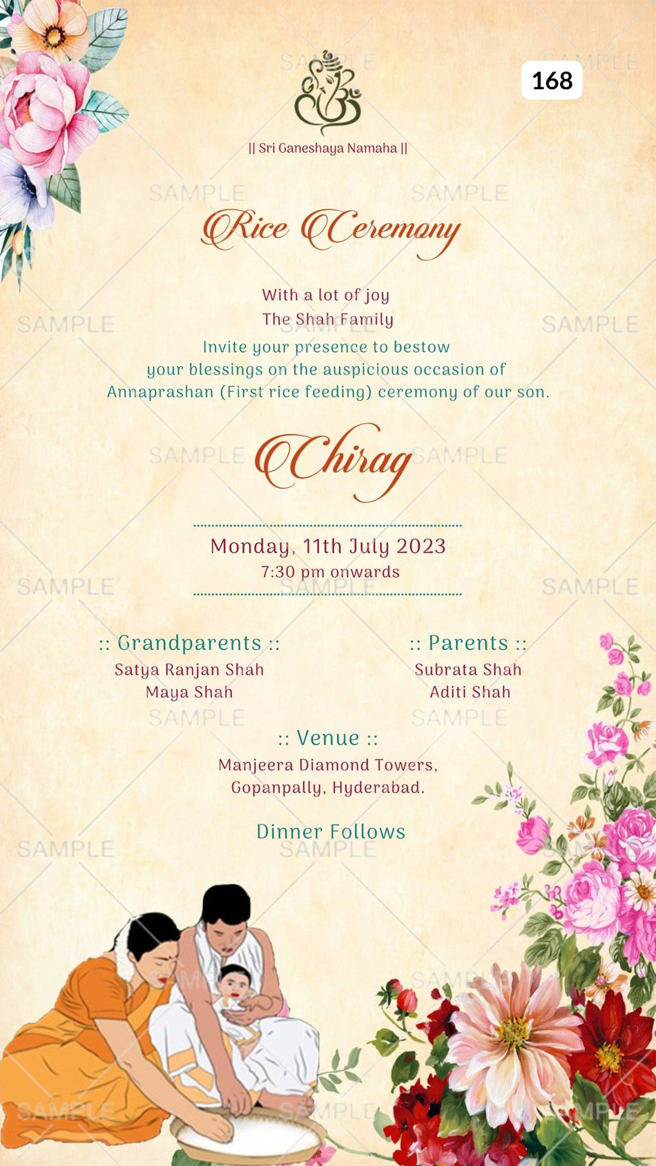 Digital Rice Ceremony Invitation Of Indian family In English Language With Floral Theme Canva Editable Template  design no - 168