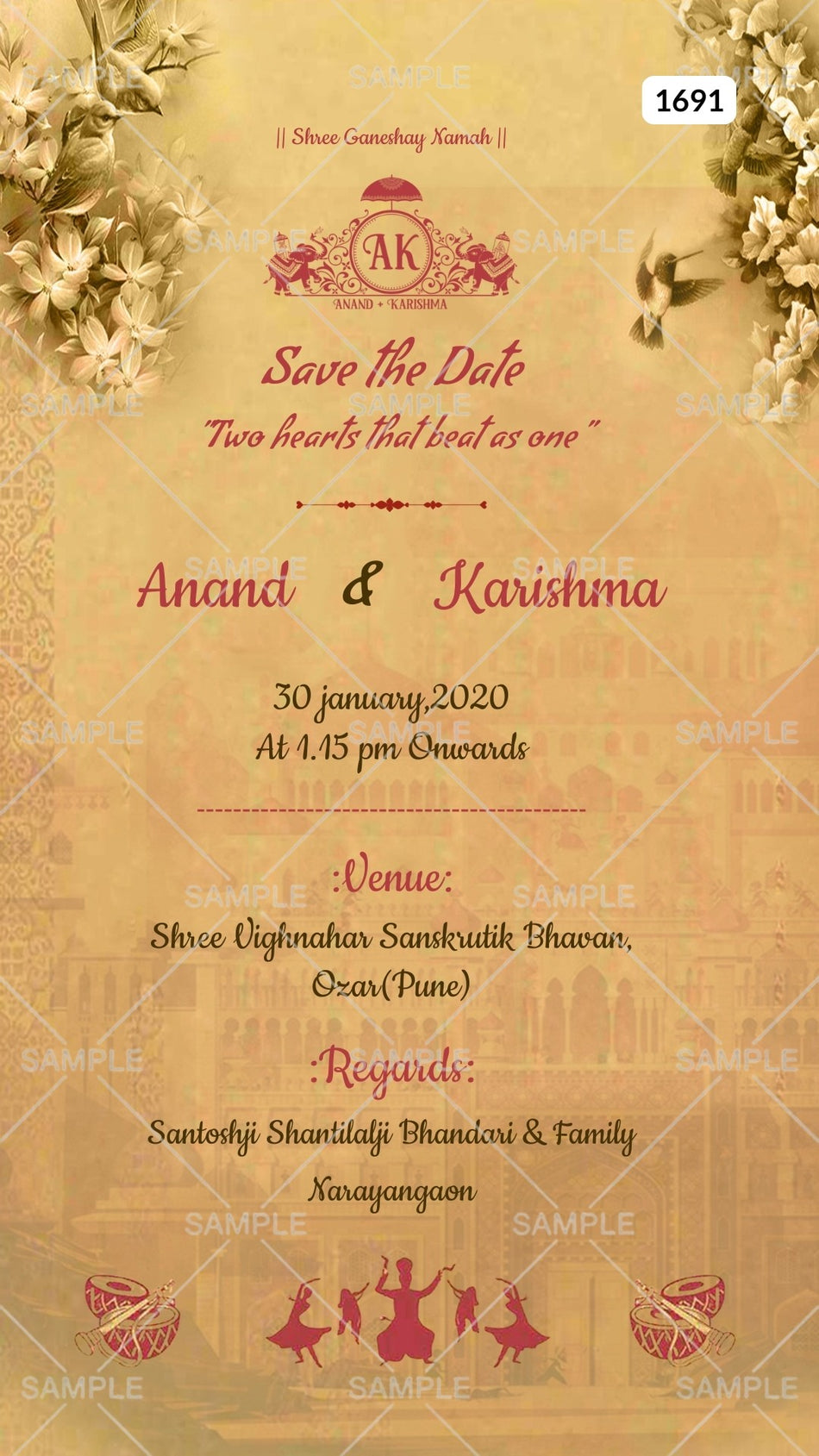 Wedding ceremony invitation card of hindu maharashtrian marathi family in english language with vintage theme Canva Editable Template design 1691