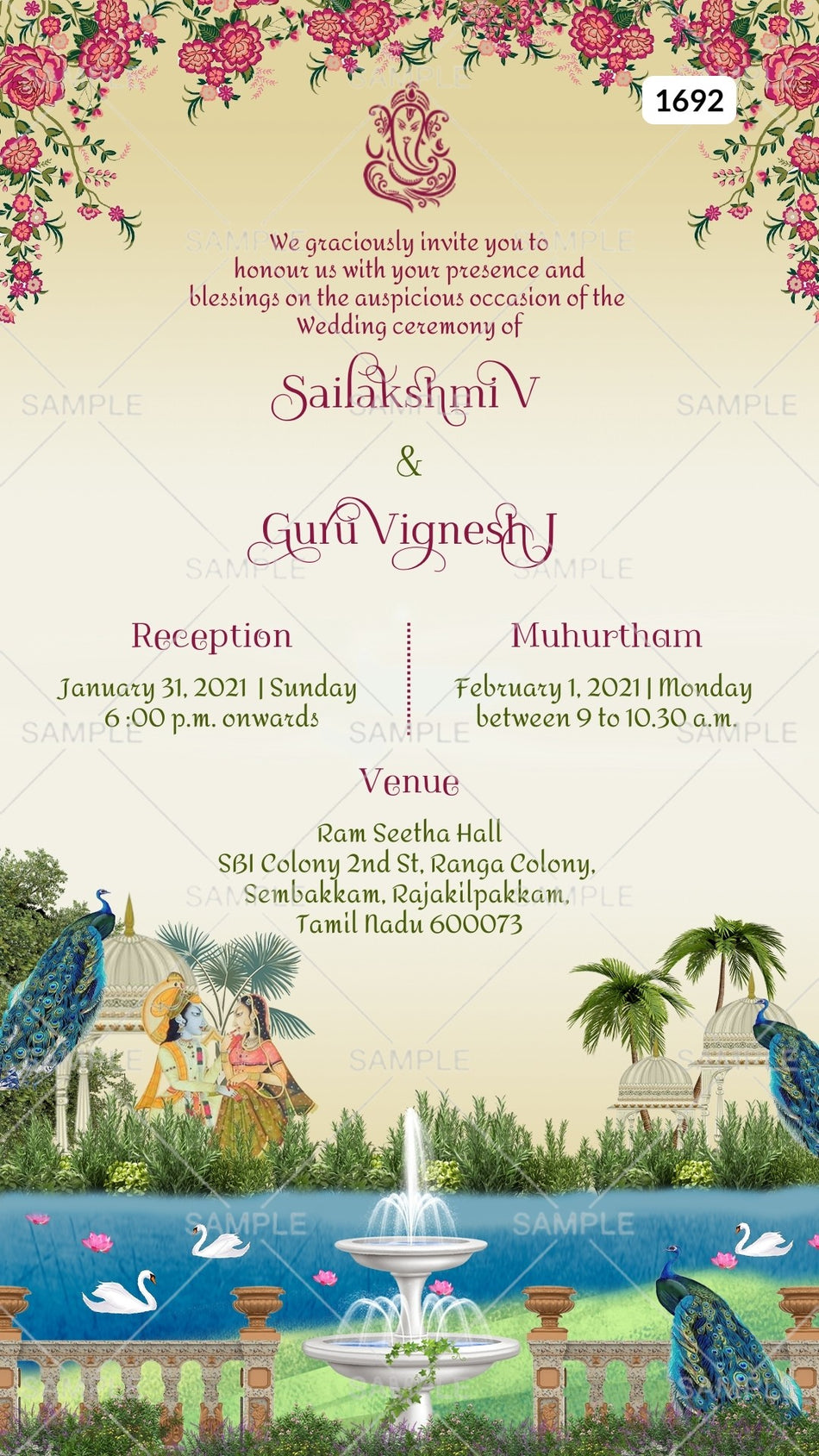 Wedding ceremony invitation card Canva Editable Template of hindu south indian tamil family in english language with  garden theme design 1692