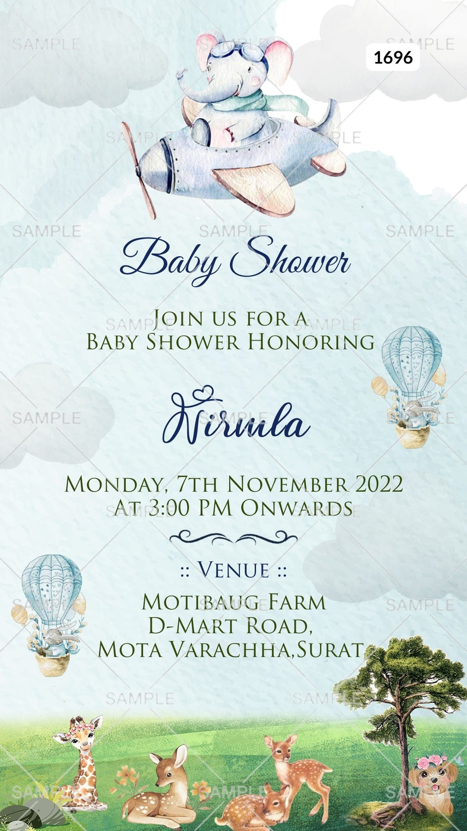 Baby Shower ceremony invitation card Canva Editable Template in english language with animals, balloon, elephant as garden theme design 1696