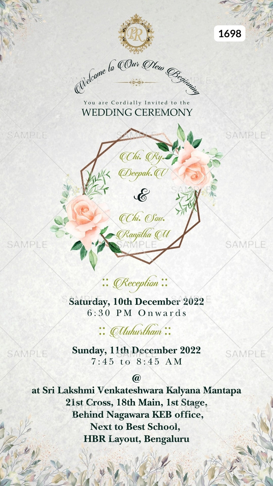 Wedding ceremony invitation card of hindu south indian kannada familyin english language with minimalistic theme Canva Editable Template design 1698