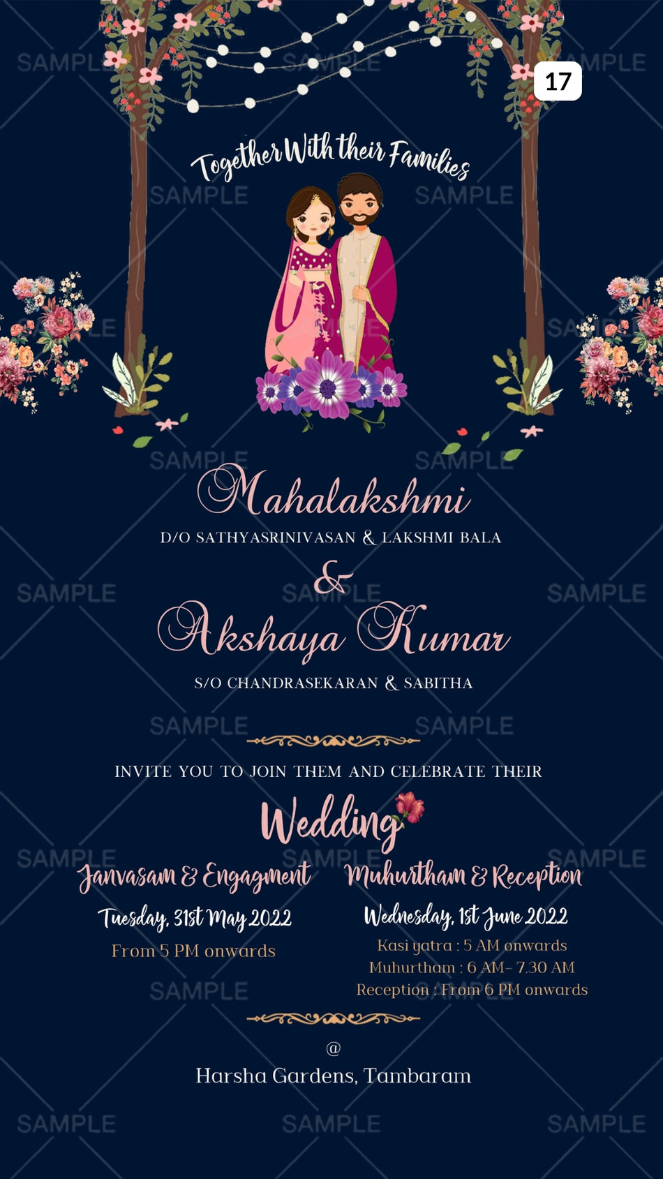 Wedding invitation card Canva Editable Template of hindu rajasthani rajput family in english language with Floral theme design 17