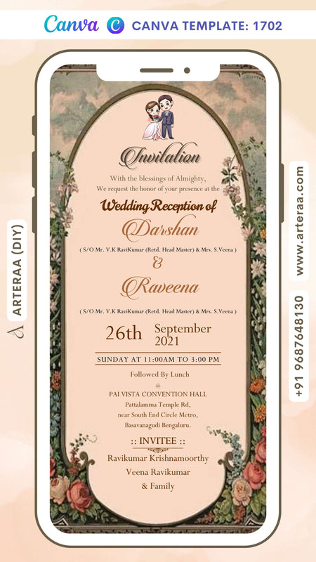 Wedding ceremony invitation card Canva Editable Template of hindu south indian kannada family in english language with traditional theme design 1702