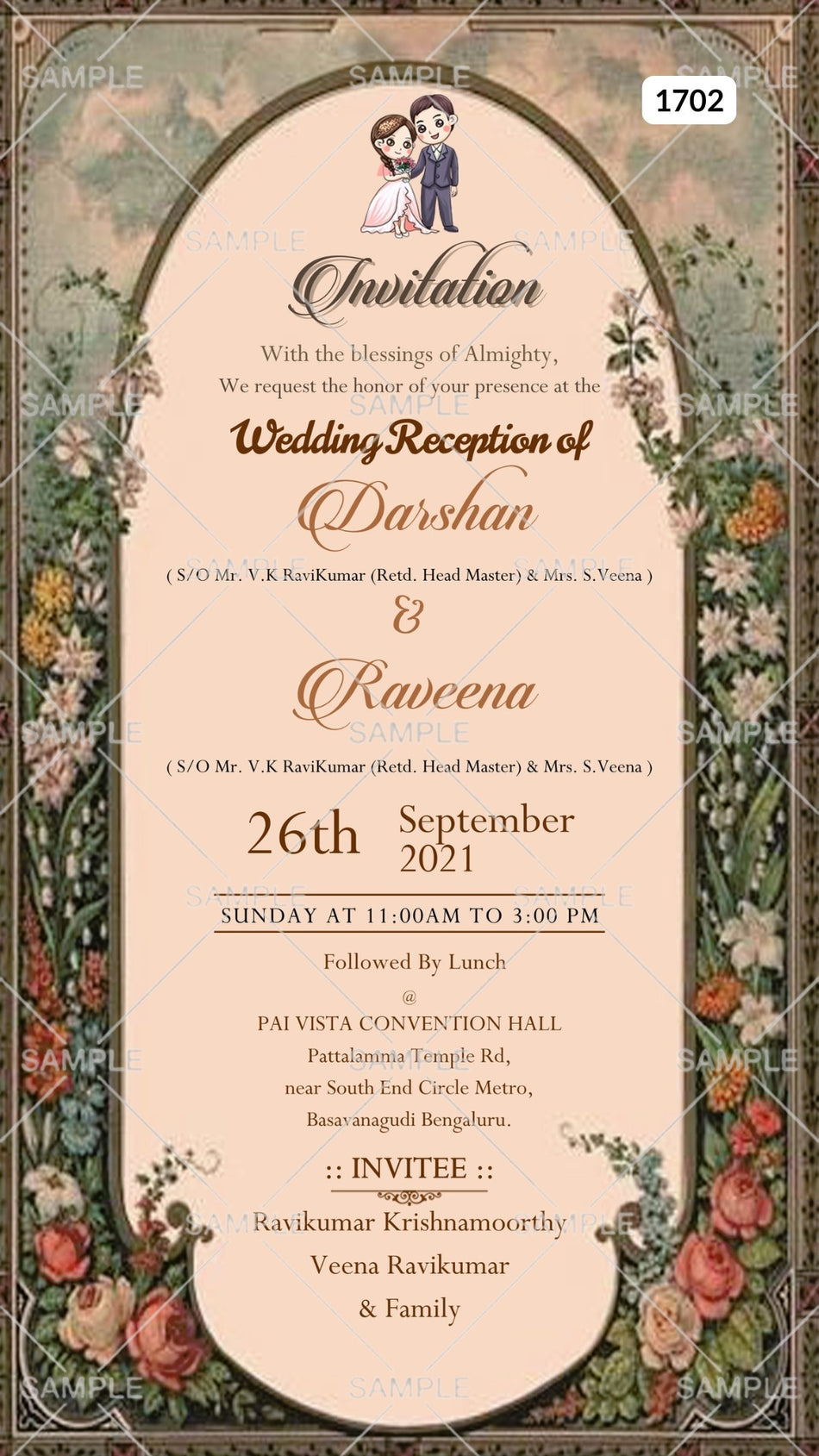 Wedding ceremony invitation card Canva Editable Template of hindu south indian kannada family in english language with  traditional theme design 1702