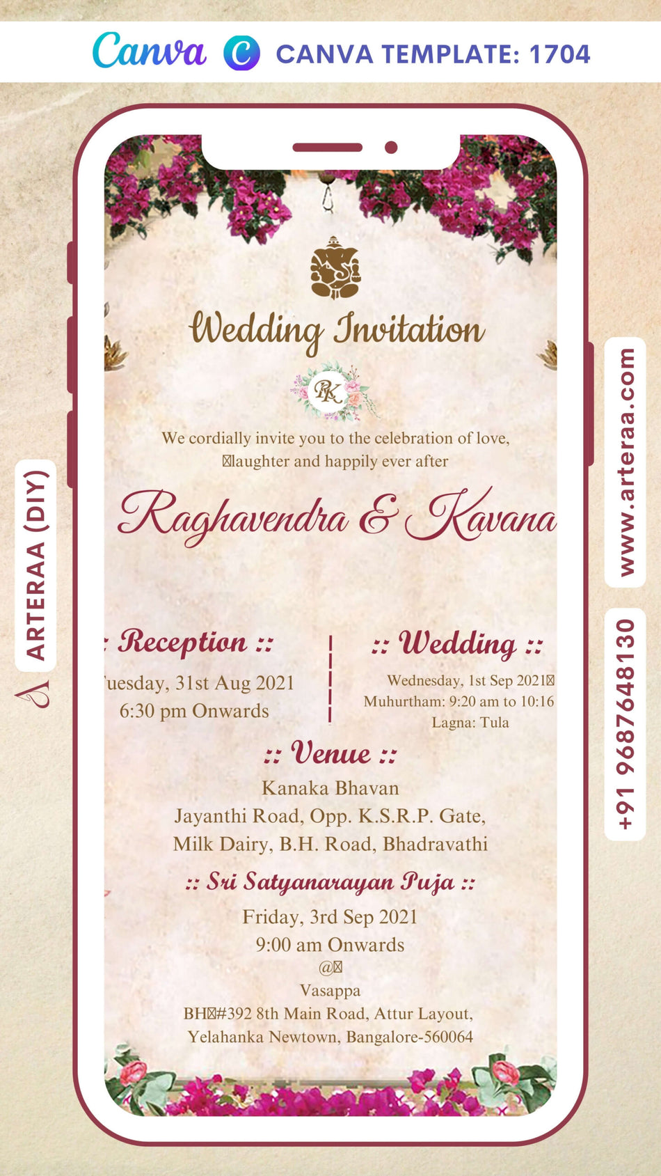 Wedding ceremony invitation card Canva Editable Template of hindu south indian kannada family in english language with traditional theme design 1704