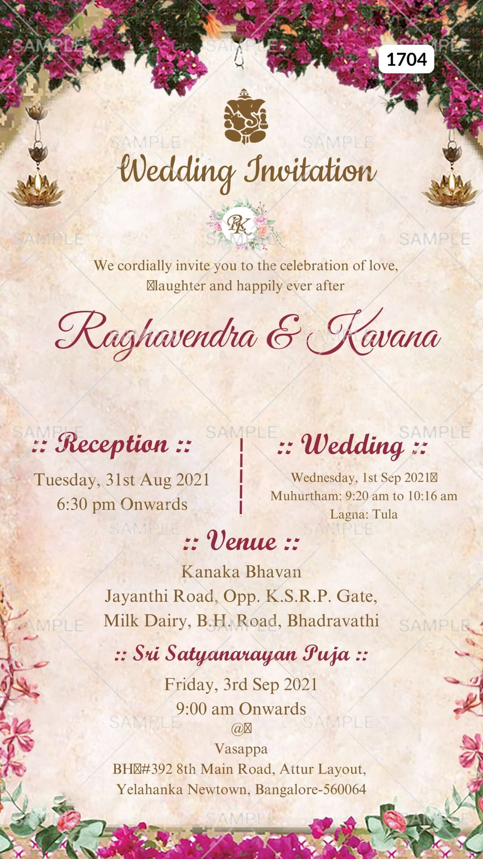 Wedding ceremony invitation card Canva Editable Template of hindu south indian kannada family in english language with  traditional theme design 1704