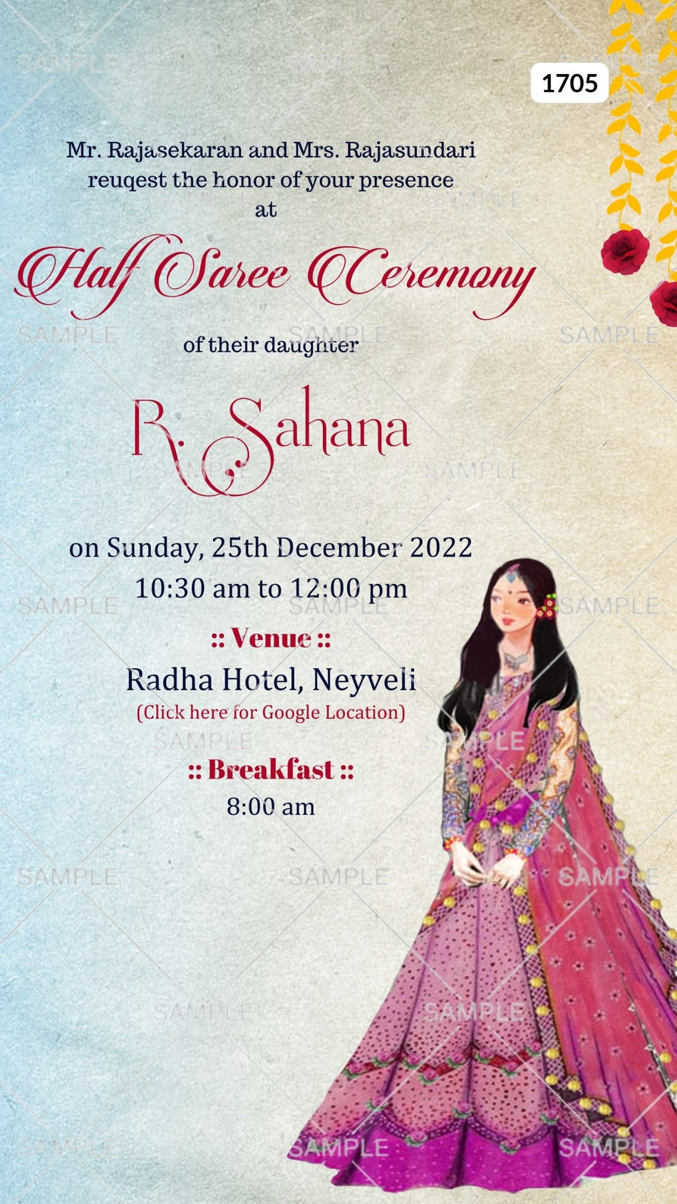 Half Saree ceremony invitation card Canva Editable Template in english language with vintage theme design 1705