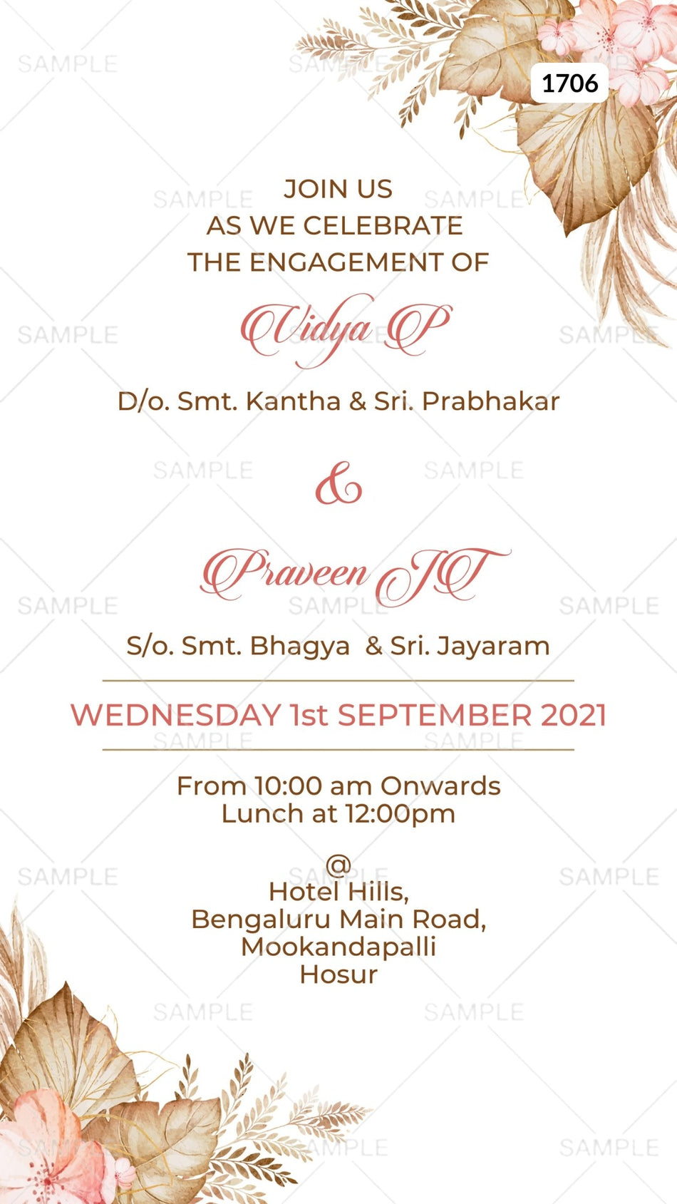 Engagement ceremony invitation card Canva Editable Template in english language with flowers, leaves as minimalistic theme design 1706